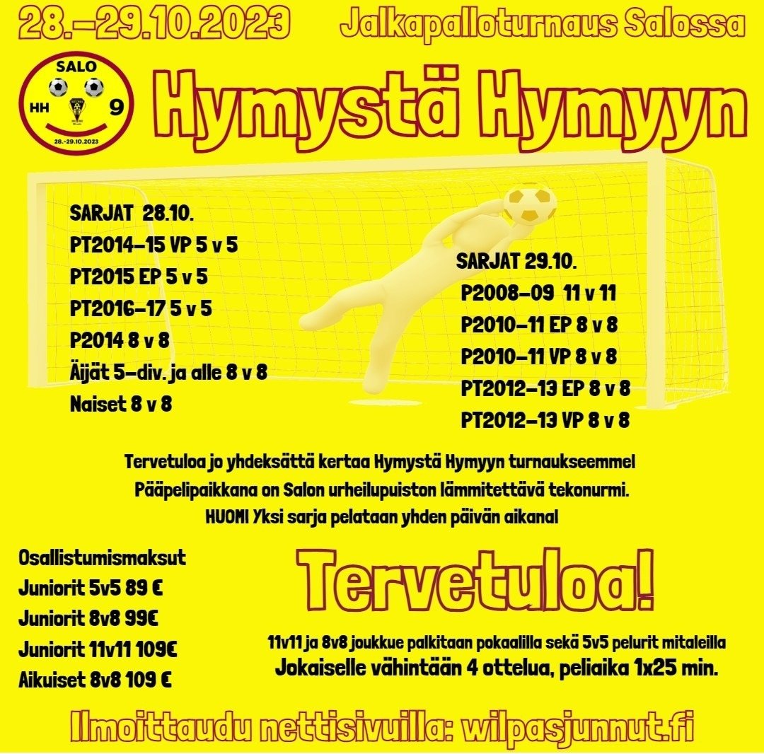 Wilpas jalkapallo 100 vuotta vuonna 2023. Juhlavuoteen kuuluu perinteinen Hymystä Hymyyn jalkapalloturnaus 28.-29.10.2023. Tervetuloa mukaan!
Tutustu ja ilmoittaudu: wilpasjunnut.fi/hymysta-hymyyn…
#salonvilpas #wilpasjunnut #wilpasjalkapallo #hymystähymyyn2023