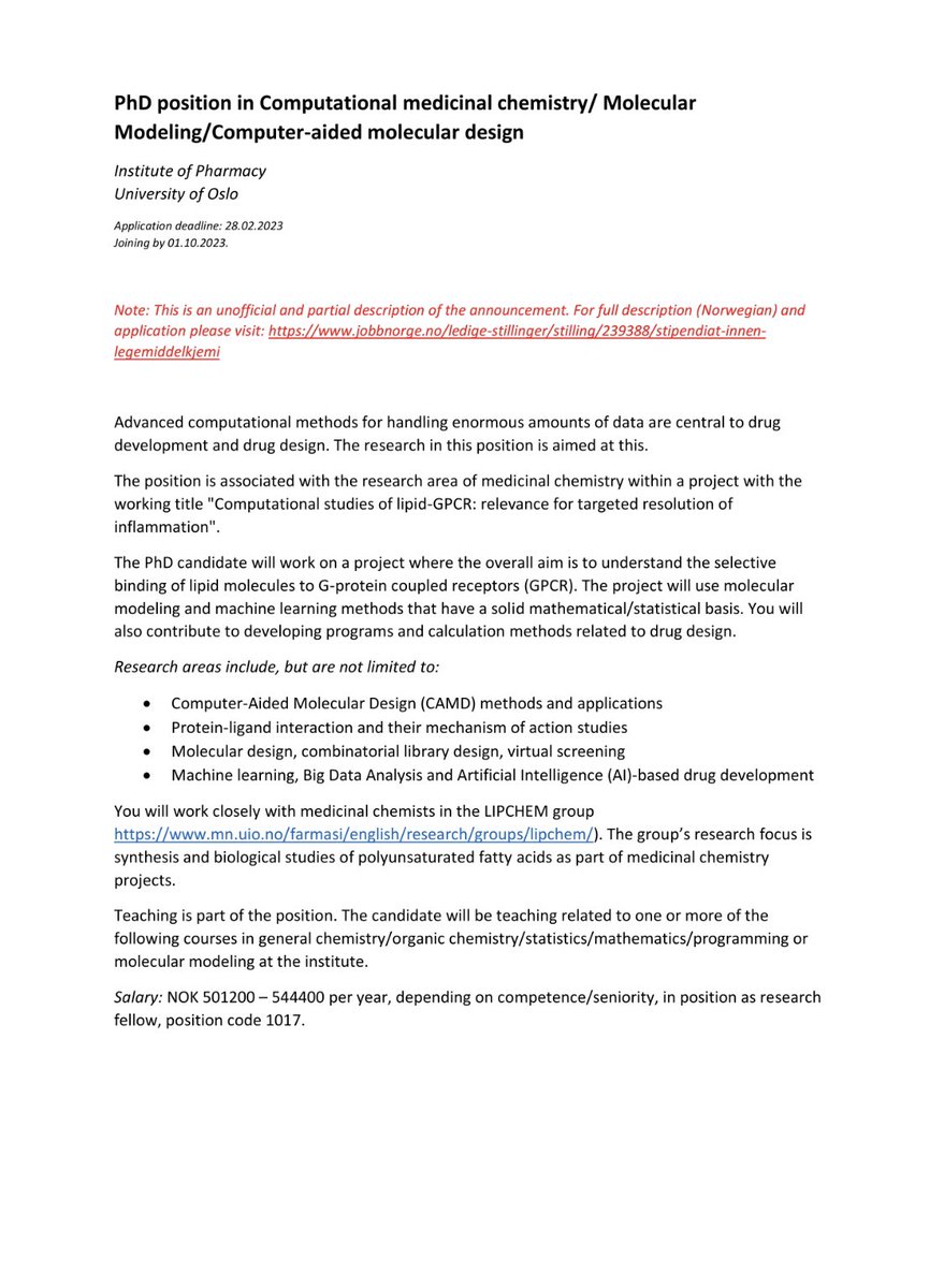 Olumide Fashakin 🇳🇬🇹🇭 on Twitter "PhD Position in Computational medicinal chemistry, molecular