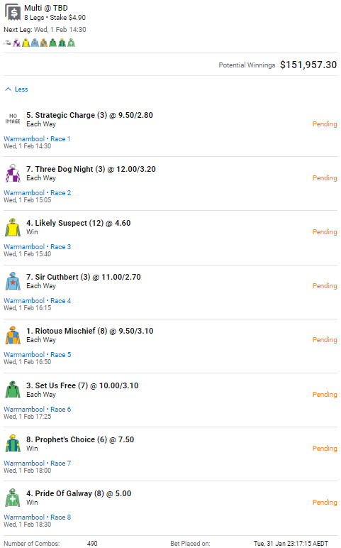 BlaisrBets's tweet image. F*CK FAVES FEB IS OFFICIALLY IN ORDER TOMORROW
#fffeb

Warrnambool | VIC 🏇💨

1⃣ 5 Strategic Chance 💸
2⃣ 7 Three Dog Night
3⃣ 4 Likely Suspect
4⃣ 7 Sir Cuthbert 😼
5⃣ 1 Riotous Mischief 🔥🔥
6⃣ 3 Set Us Free
7⃣ 8 Prophet's Choice
8⃣ 4 Pride Of Galway 🔥