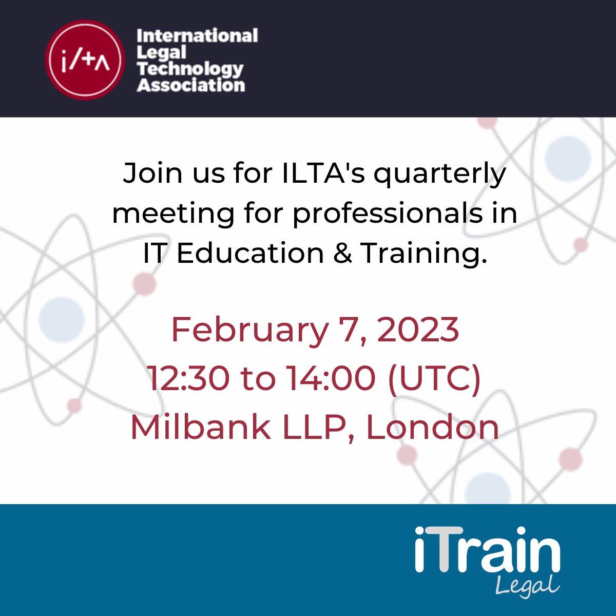 <a href="/iTrainLegal/">iTrain Legal</a>  are proud to be sponsoring <a href="/ILTANet/">ILTA - International Legal Technology Association</a>'s quarterly meeting for professionals in IT Education &amp; Training. Taking place on 7th February from 12:30-14:00, this meeting is free to attend in person or virtually.
 Register here: bit.ly/40iNYoE
 #LTC4 #ILTA