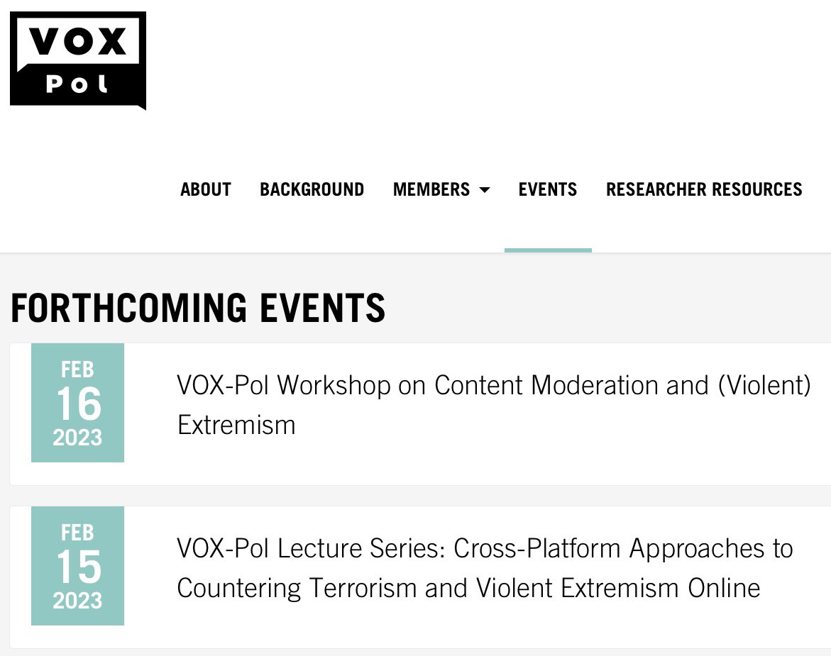 We have a full February! A new new lecture series kicking off on 15 Feb., a workshop on ‘Content Moderation and (Violent) Extremism’ on 16 Feb., and a new report releasing this month also. The events are online #allwelcome; for more info on them: voxpol.eu/events/.