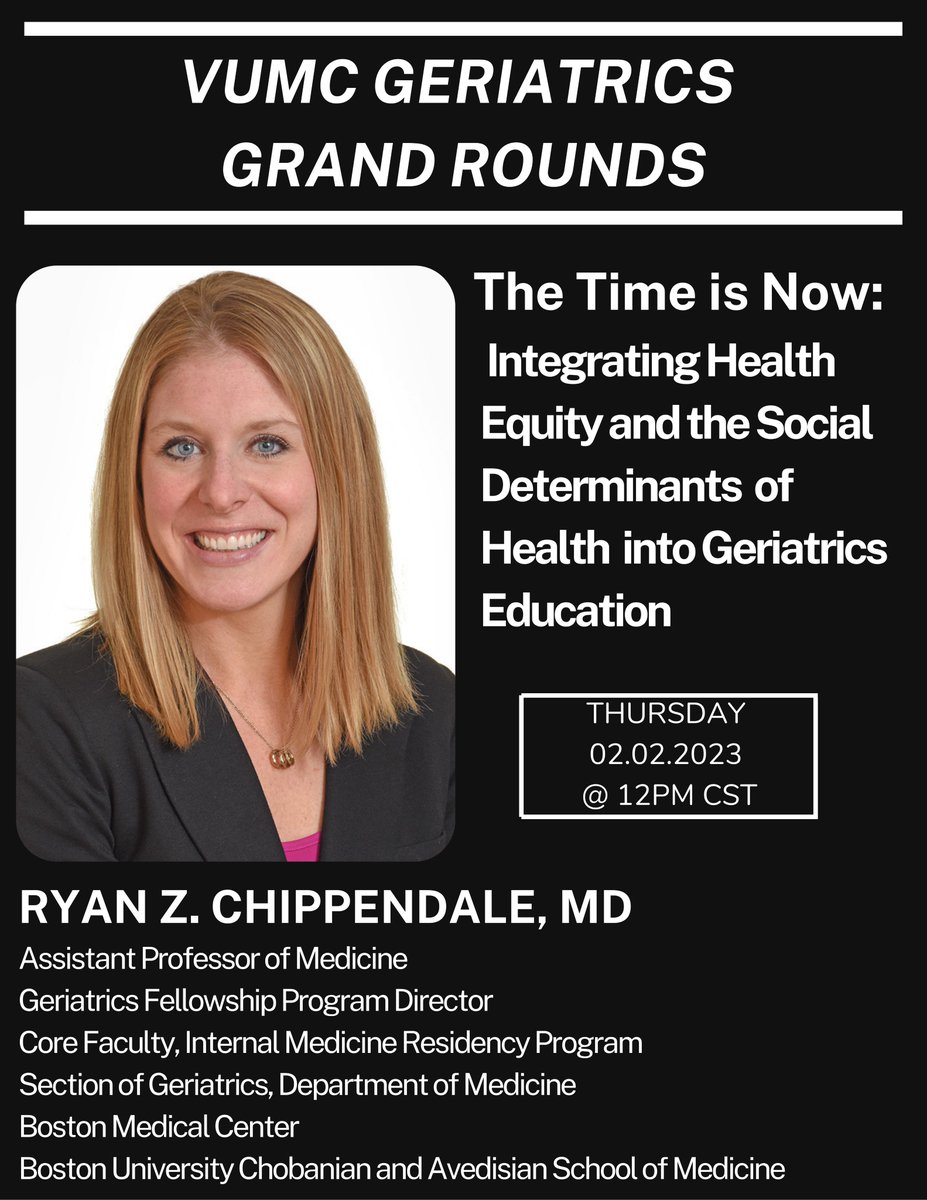 Join @VUMCgeriatrics Thurs 12pmCT with the 1&only @RZChipMD discussing #healthequity & #socialdeterminantsofhealth integration in #MedEd 
DM for Zoom link
#thisisgeriatrics
@VUMCMedicineRes @VUMC_Medicine  @VUMCHospitalMed @SKostelanetz @RheaBoydMD @DrCHWilkins @VanderbiltNurse