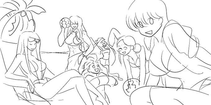 コレ以前、一心の中身が本誌初お目見えした時「ドキ!ユニオン女子だらけのビーチ」的なやつをいっかい描きたいと思って起こしたラフだけど、今ならジーナ&イチコさんも追加でいけるかな…しかし風子ちゃんの筋肉量をどうするかが課題。 https://t.co/V9rmE4X7B7 