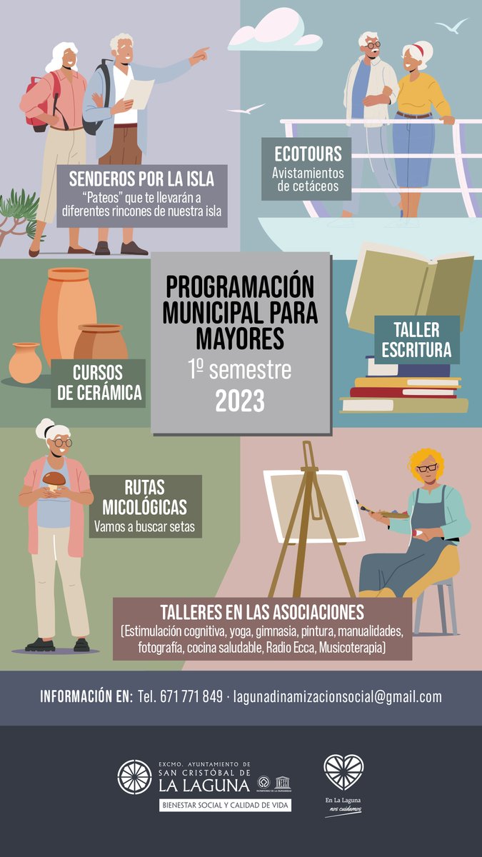 lalagunatecuida's tweet photo. 👵🏼💜 Presentamos la programación de actividades para #mayores 2023. 

🥾🍄 Senderismo, rutas micológicas, avistamiento de cetáceos y escritura son algunas de ellas. Conócelas todas aquí! 👇🏼

⚠️ Inscripciones: 671 771 849 o e lagunadinamizacionsocial@gmail.com 
@RubensAscanio https://t.co/DlVi5hkvI4