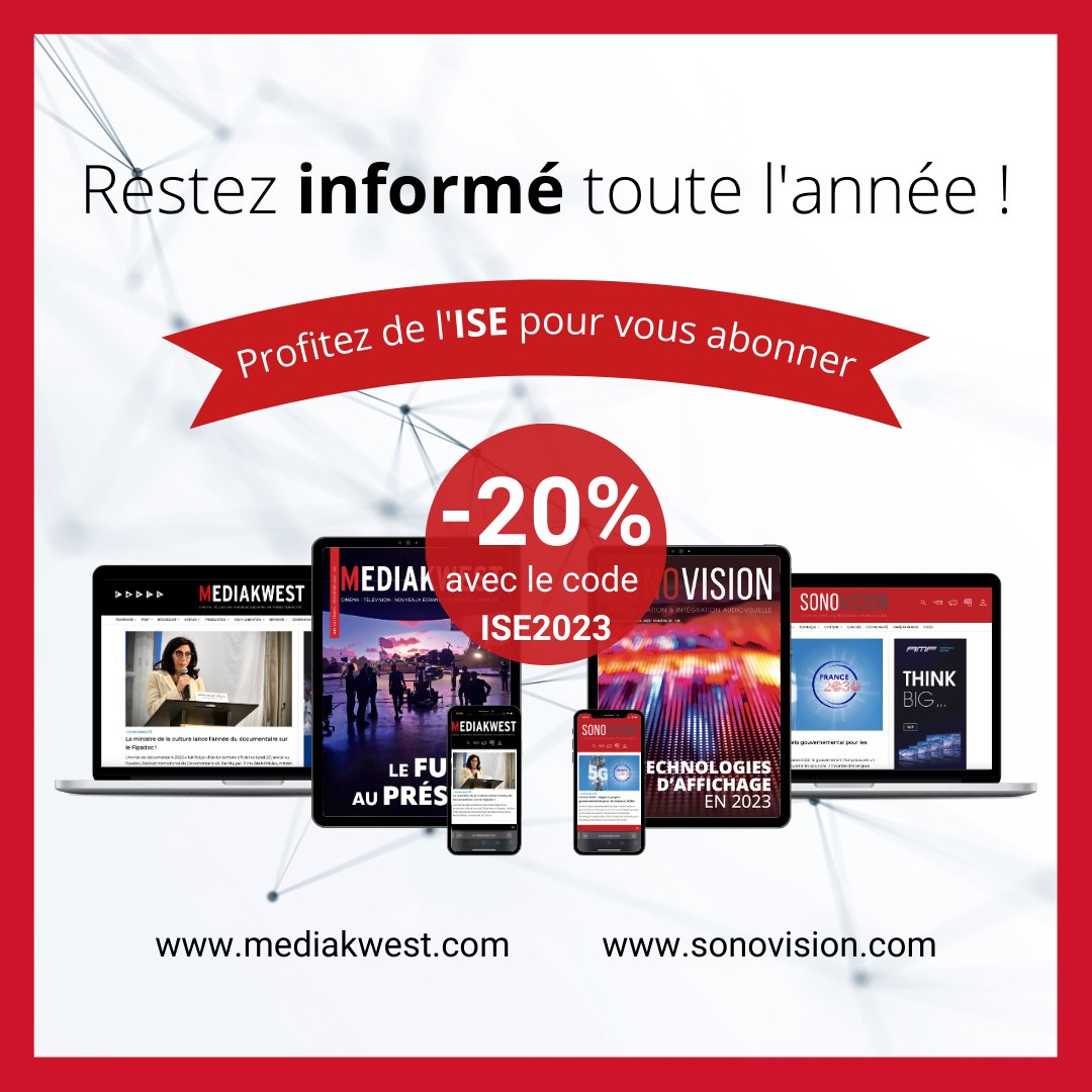 sonovisionmag's tweet photo. 🚨 Aujourd’hui, c’est l'ouverture pour le Salon @ISE_Show , profitez-en pour vous abonner à nos magazines Mediakwest et Sonovision avec le code promo ISE2023 🤩🤩🤩
#ISE2023 #codepromo #sonovision https://t.co/EDNX1FmNVG
