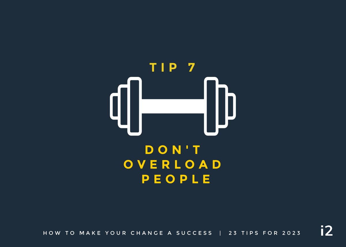 Make your change a #success TIP 7 - don't overload people

#Change needs to be sustainable &amp; #goals achievable. Overloading people causes #resistancetochange &amp; #changefatigue.

Set realistic workloads &amp; break the project down into achievable parts.

#business #businesstips