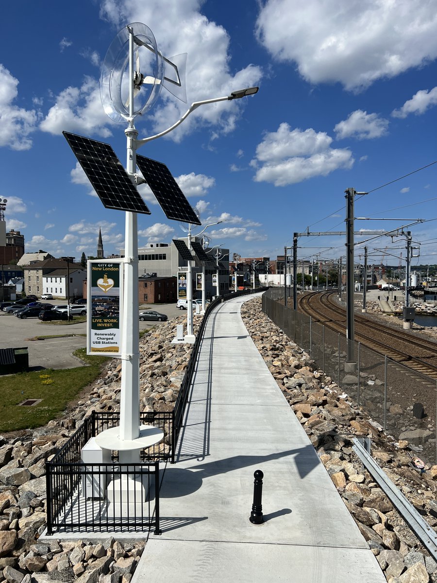 Aris_Energy's tweet photo. With a need for off-grid lighting along its Waterfront Park, the City of New London reached out to Aris Wind to install its solar and wind powered Smart Poles to light the trail, improving safety for walkers and bikers. Learn more at the link in our bio! https://t.co/E6yHTTNM4C