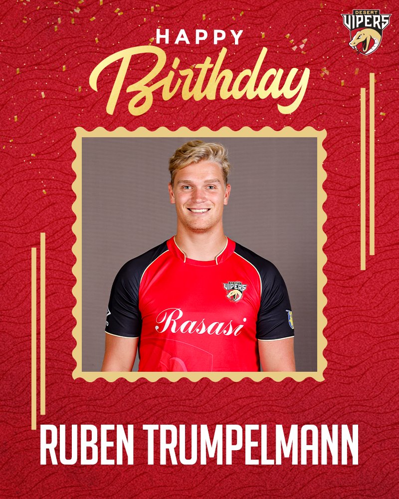 TheDesertVipers's tweet photo. ♥️♠️♣️♦️ <<<<< 𝐓𝐫𝐮𝐦𝐩 card 🃏

Here's wishing our pace express, Ruben Trumpelmann, a very #HappyBirthday 🎉

#DesertVipers #DPWorldILT20 #FangsOut #ALeagueApart #RubenTrumpelmann @Trumpies70 https://t.co/BRjbjGKlz2