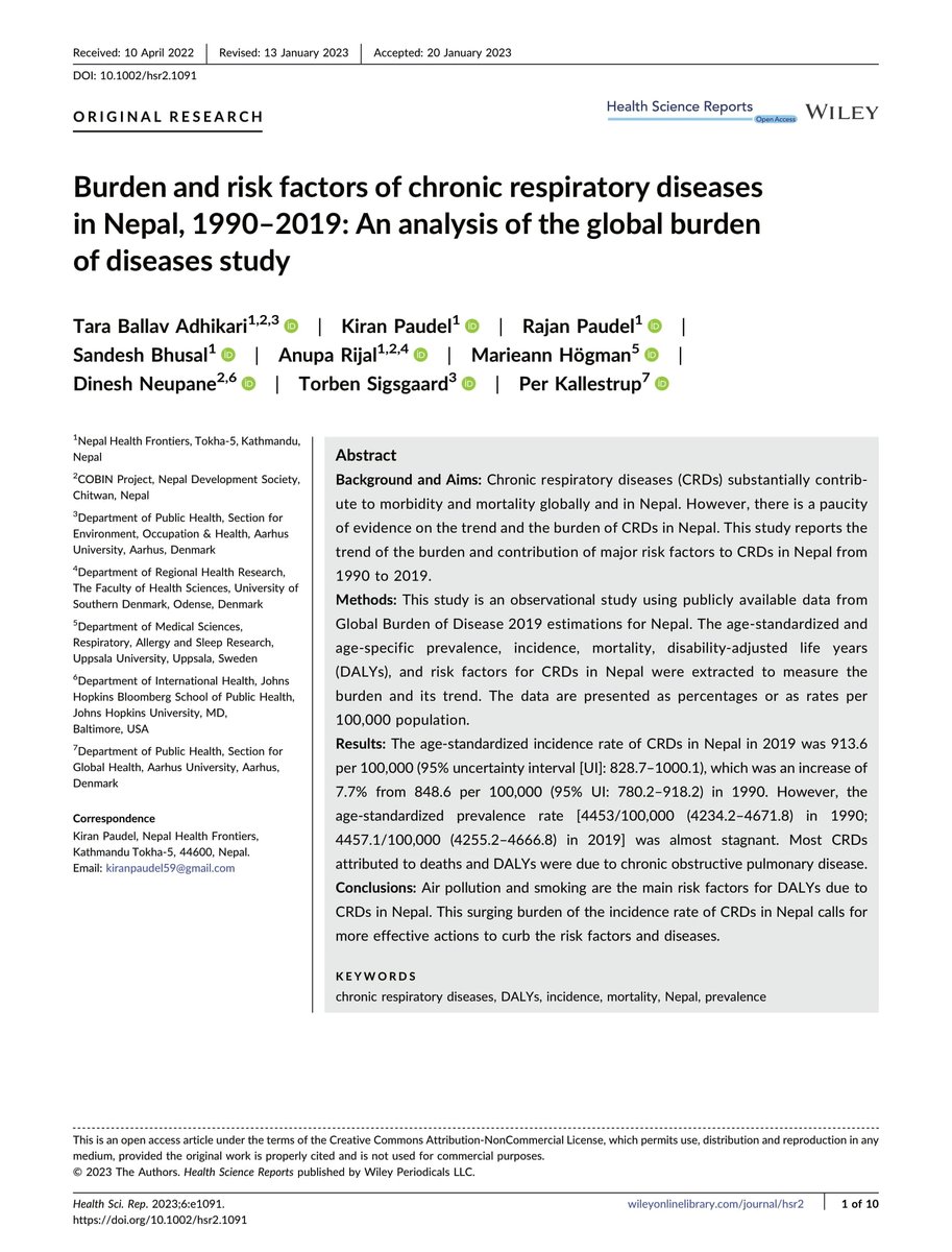 Our latest work observing the #burden and #riskfactors of chronic #respiratorydisease in #Nepal utilizing Global Burden of Disease study estimates for Nepal is now online👉🏼 doi.org/10.1002/hsr2.1… @HSR_journal @IHME_UW #Asthma #COPD #ILD #NCDs