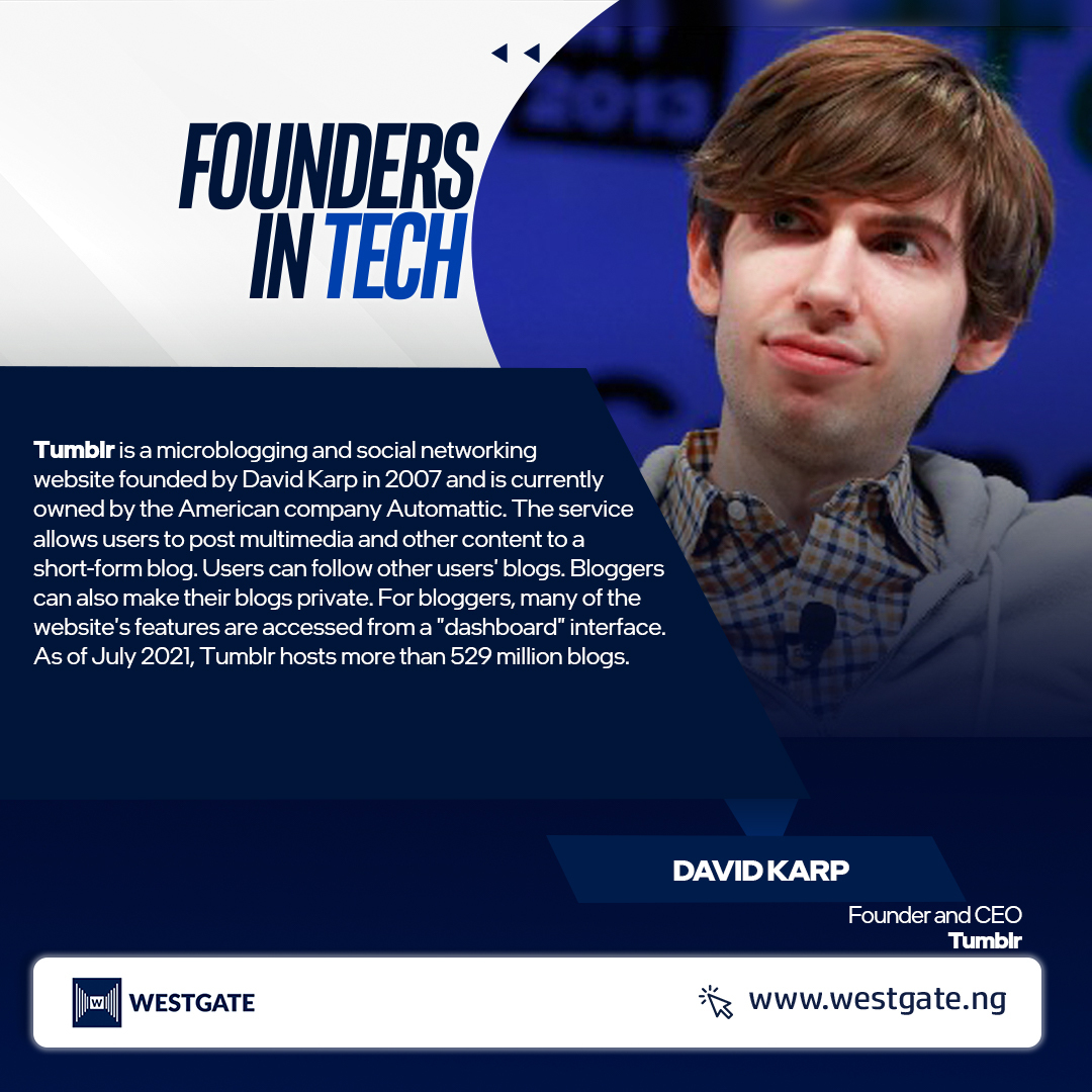 westgateng_'s tweet image. David Karp  💻🌏

In today&apos;s edition of #foundersintech, we feature David Karp. The 36-year-old American webmaster, entrepreneur, and bloger began his career, without having received a high school diploma, as an intern under Fred Seibert at the animation company Frederator Studio
