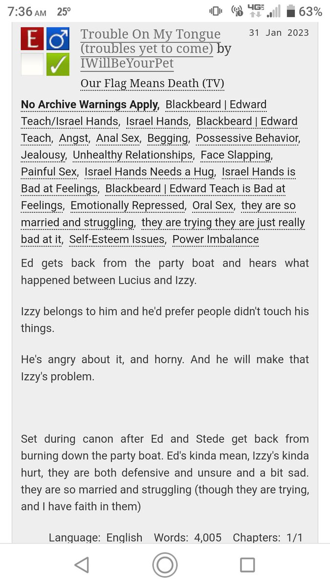 ProbASociopath's tweet photo. Trouble on My Tongue (troubles yet to come)
EdIzzy 4k,E 
Ed is a bit mean, Izzy is lonely, they both are struggling to communicate,  there is some angst and hurt feelings and unspoken things (and sex)

set after Ed and Stede get back from the party boat 

https://t.co/ekm8go3RYt https://t.co/Lmex3s1xHL
