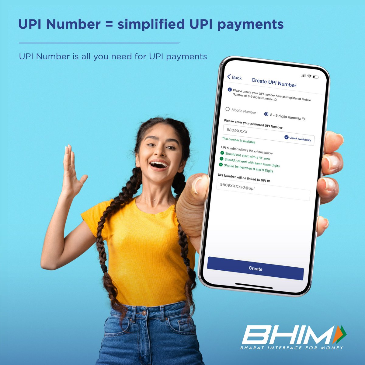 NPCI_BHIM's tweet image. You can seamlessly receive payments from any UPI app using UPI Number. Create your UPI Number on the BHIM app today.

Disclaimer: 8-9 digit number subject to availability

#LifeSimplifiedWithBHIM #UPINumber
