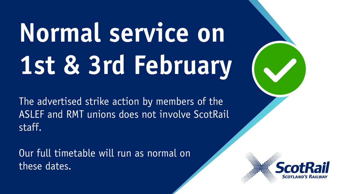 ✅ ScotRail trains are running as normal all week. The advertised strike action by members of the ASLEF & RMT unions does not involve our staff.