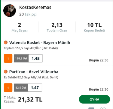 Valencia- Bayern Münih 158.5 üst
Partizan - Asvel  EV 82.5 üst

Partizan evinde son 4 Euroleague maçında 87 sayı ortalama ile oynuyor.
Valencia ve Bayern son dönemde yüksek tempolu oynayan takımlar bugün de yüksek skor çıkacaktır.

Stake 8/10
#iddaatahminleri 
#iddaa
#EuroLeague