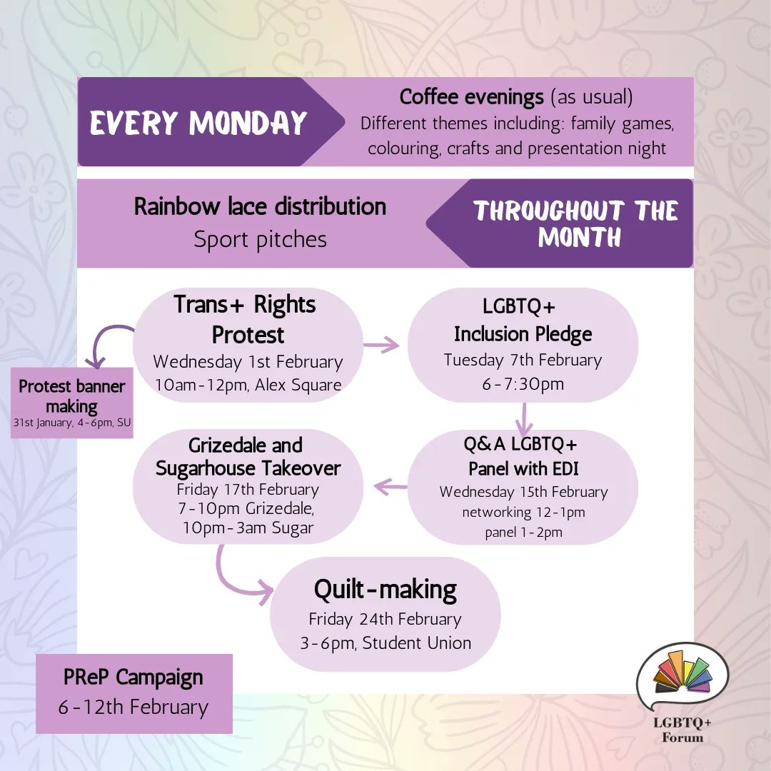 It's LGBTQ+ History month in February. Here is a calendar of all the events we have planned to celebrate queer history!