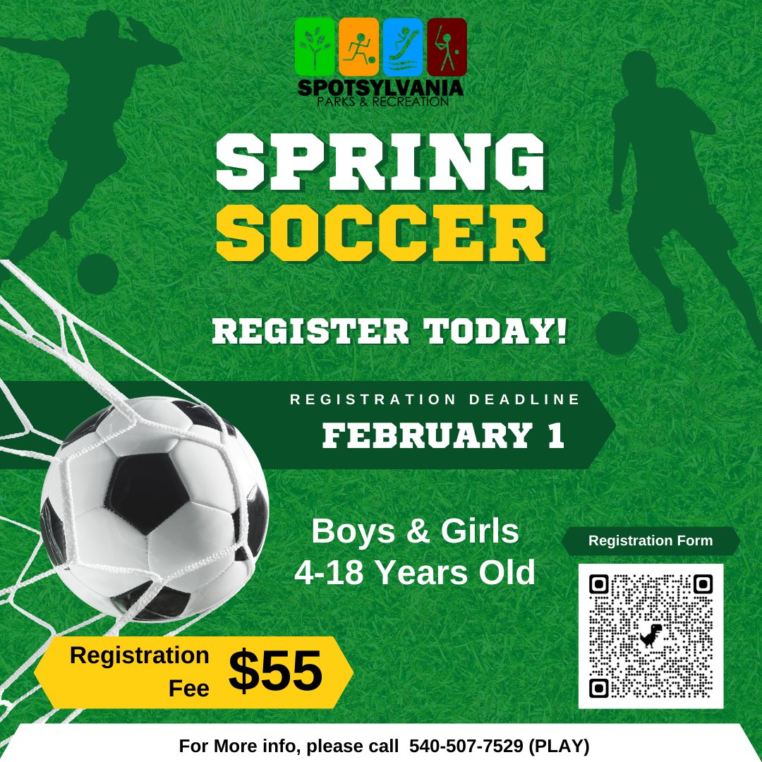 SpotsyParksnRec's tweet photo. ⚽️ registration deadline is Wed, Feb. 1, 2023.  Registration forms can be found on our website at https://t.co/ePyDKP1euP   The registration fee is $55.00.  Register soon! https://t.co/rE4q2CEZkR