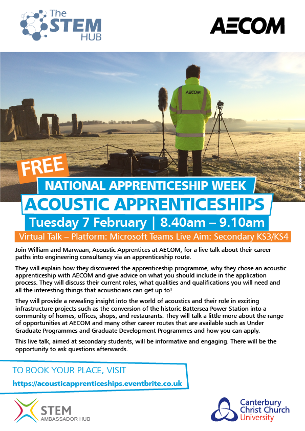 STEMHUB_SE's tweet photo. Join @AECOM #apprentices for #NAW23 Live Talk about their career paths into #engineering consultancy via an apprenticeship route. DATE: 7 Feb 8.40-9.10am REG: https://t.co/GnU8NQvCNH #STEM #Students #Secondary #edutwitter #Careers @ioauk @CareermapNews #exploreacoustics @TheANC73 https://t.co/BBZ0gOREbi
