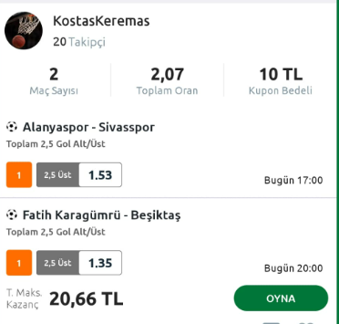 Alanyaspor - Sivasspor 2.5 üst
Karagümrük - Beşiktaş 2.5 üst

Alanyaspor evinde iyi top oynuyor gol ve goller buluyor.
Karagümrük ve Beşiktaş hem atma hem de yeme konusunda çok bonkör.

Stake 8/10
#BJKvsKG 
#besiktas
#besiktasinmacivar 
#Alanyaspor
#Sivasspor