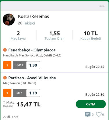 Fenerbahçe - Olympiacos +6.5 Ms2
Partizan - Asvel Ms-1

Partizan çok formda evinde güçsüz rakibini yenecektir.
Fenerbahçe Beko çok dengesiz güçlü rakibini yense bile 7 fark atamayacaktır.

Stake 8/10
#iddaatahmin 
#iddaatahminleri 
#euroleague