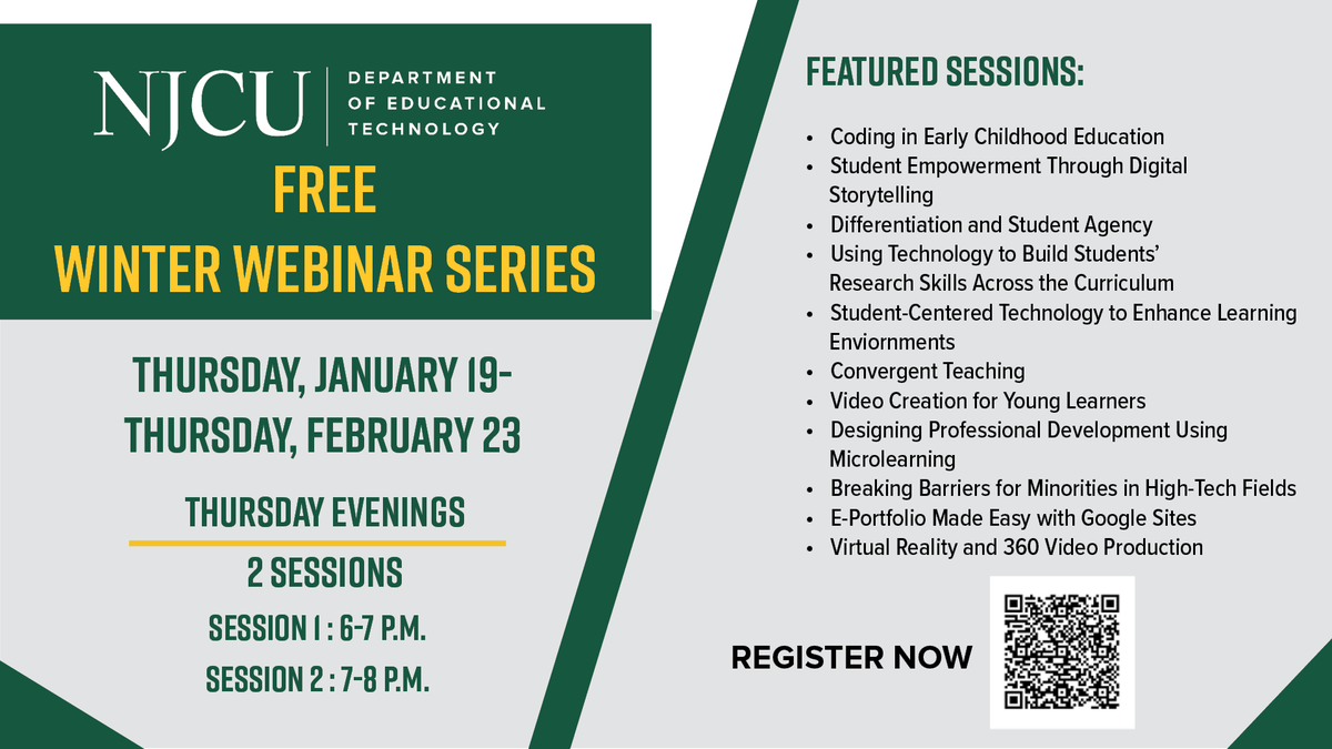 Take advantage of these free webinars on Thursday evenings during two different time slots. Now through February 23. Provided by the NJCU Department of Educational Technology.

More info: ​​njcu.edu/academics/scho…