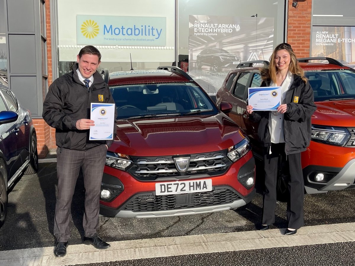 DaciaRetail's tweet photo. Sunshine and good news served at Dacia Wirral with Sales Executives Daniel Trevitt and Serenity Varnham 
It's confirmed, 98% of our customers would recommend us to their friends and family.

Thank you to all our fantastic customers. https://t.co/ICBs4jlvIa