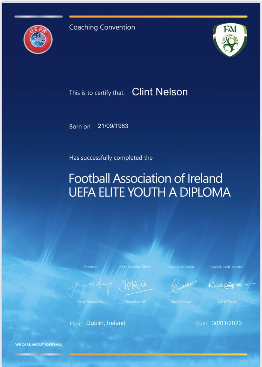 Delighted to receive my cert this morning! Thanks to all the players, coaches and to @bfcdublin & @StJosephsBoys for the support durning the course! Well done to my micro group great bunch of people! Thank you to all the staff @FAICoachEd esp my tutor @jayglynn2167 ⚽️