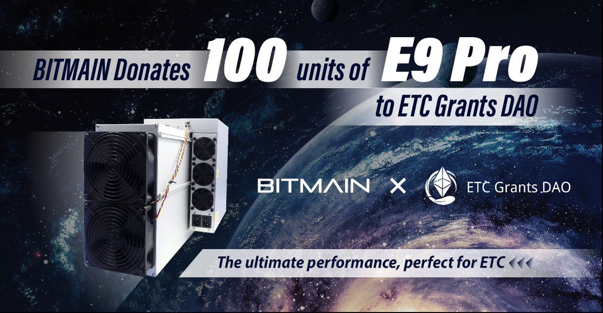 ❤️ BITMAIN donates 100 units of E9 Pro to  <a href="/ETCGrantsDAO/">ETCGrantsDao</a>,to support and award developers who actively build applications and protocols on ETC👏

🤩New $ETC miner, better ecological development！

😜Comment what you expect from E9 Pro.