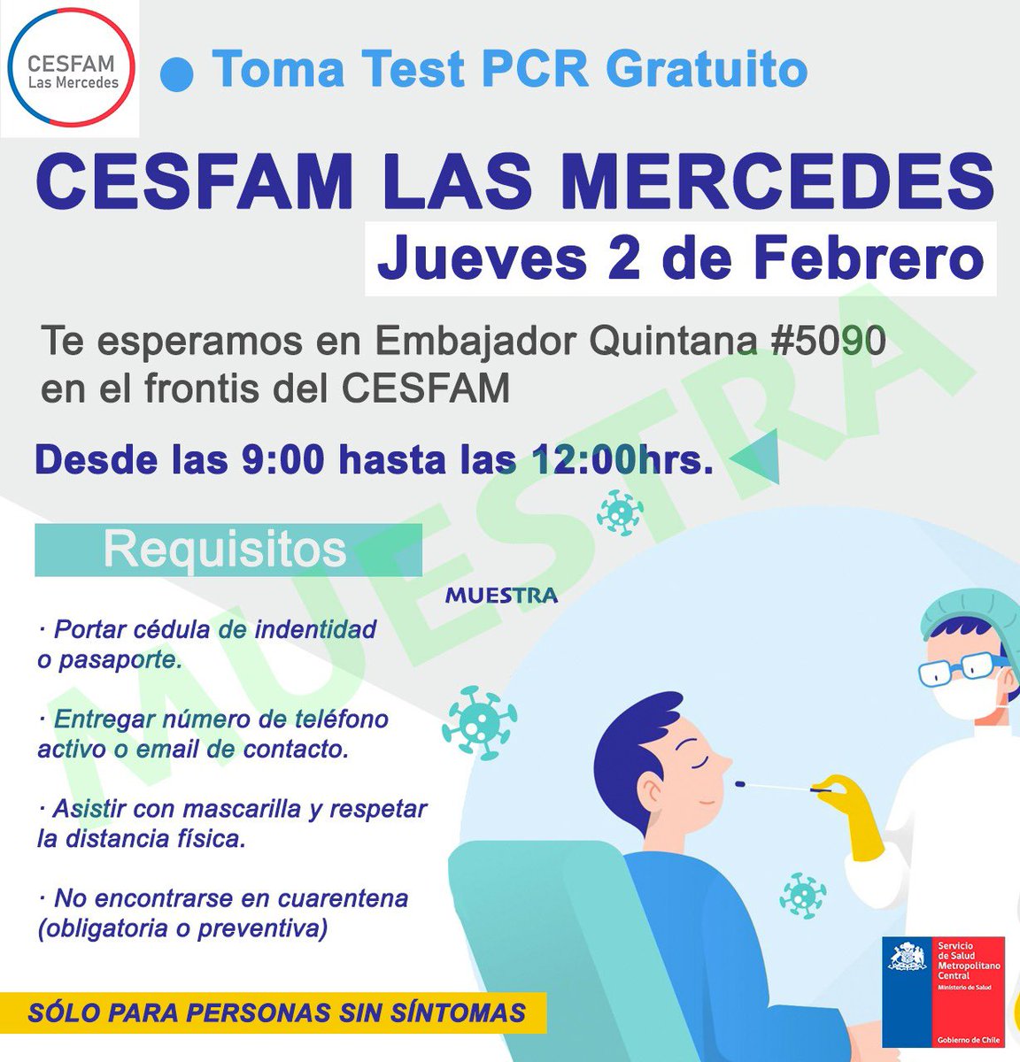 C_LasMercedes's tweet photo. Cesfam Las Mercedes  "ATENCIÓN"

Compartimos con ustedes información de nuestro Operativo de Búsqueda Activa #COVID-19 donde nos encontraremos este jueves 02 de febrero en la entrada de nuestro CESFAM Las Cesfam Las Mercedes. 

Te esperamos desde las 09:00hrs. hasta las 12:00hrs. https://t.co/eBSaWaGAXJ
