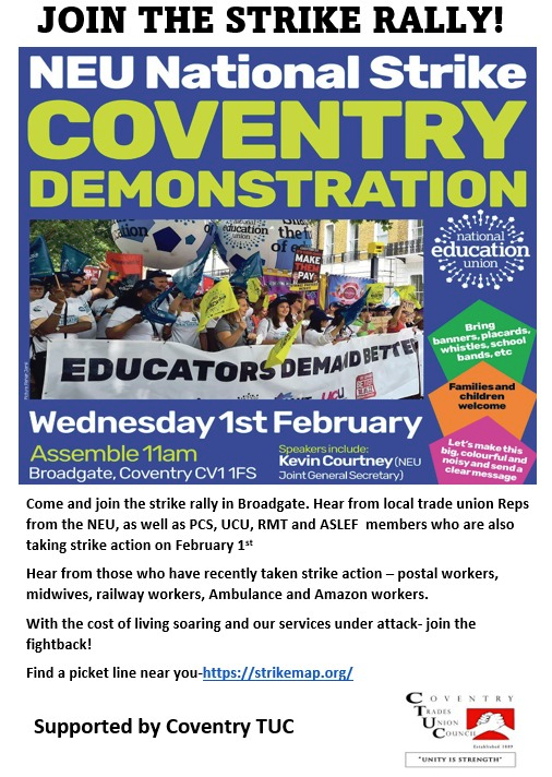 𝗪𝗲𝗱𝗻𝗲𝘀𝗱𝗮𝘆, 𝟭𝘀𝘁 𝗙𝗲𝗯𝗿𝘂𝗮𝗿𝘆, 𝟭𝟭𝗮𝗺 𝗕𝗿𝗼𝗮𝗱𝗴𝗮𝘁𝗲, #𝗖𝗼𝘃𝗲𝗻𝘁𝗿𝘆

Join the rally in support of strikes, strikers and the #RightToStrike 
#NEU #PCS #UCU #RMT #ASLEF #RCM #CWU #Unite #GMB