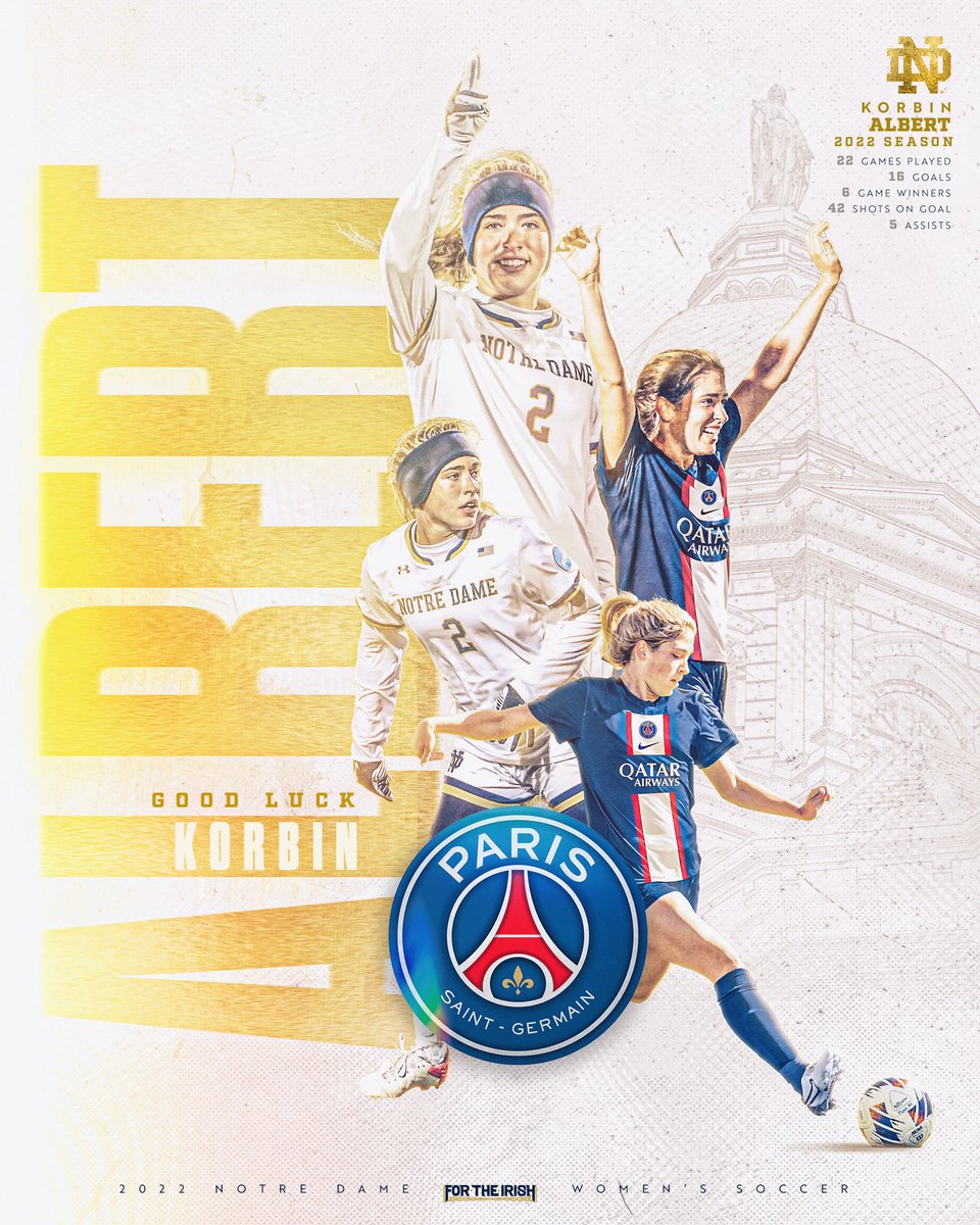 Oui, oui, c’est vrai. <a href="/Korbinalbert2/">Korbin Albert</a> has signed with <a href="/PSG_Feminines/">PSG Féminines</a>!

Good luck in Paris! 

#GoIrish ☘️