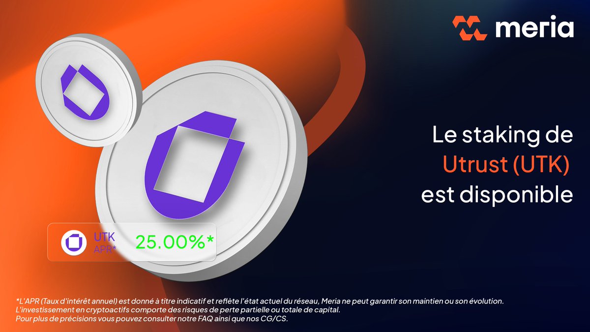Meria_Finance's tweet photo. Le token $UTK de @UTRUST est disponible sur https://t.co/6jooFzMVoV en #Staking 🔥

🔸APR : 25%﹡
🔸Délai unstaking : 10 jours

Découvrez toutes les cryptos disponibles sur notre site : https://t.co/Jt8diqjlG3 https://t.co/E5Tqn6DNGX