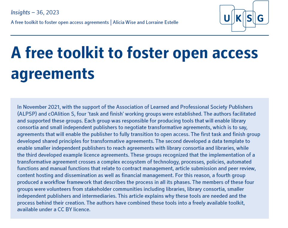 The latest from #UKSGInsights - <a href="/wisealic/">Alicia Wise</a> and <a href="/lorraineestelle/">lorraineestelle</a> on new tools that will enable library
consortia and small independent publishers to negotiate transformative agreements bit.ly/3Duh2Qx