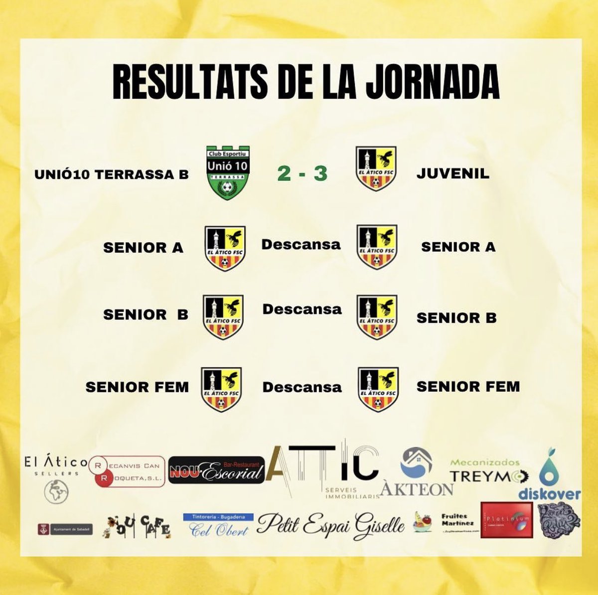 Els resultats de la jornada! 
Gran victoria del juvenil 💛🖤💛🖤