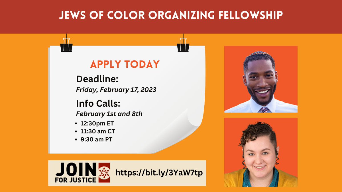 Are you a Jewish Person of Color fighting for justice and want more support? Join this info call for the Jews of Color Organizing Fellowship on Feb 1st or 8th at 12:30pm ET/ 11:30am CT/ 9:30am PT! bit.ly/3YaW7tp