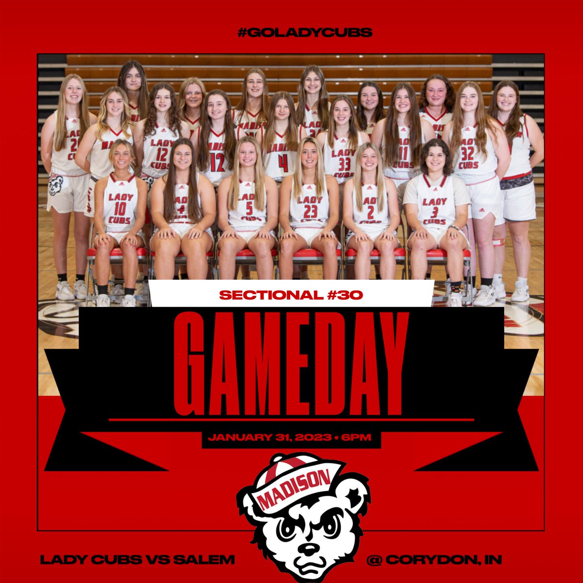 🏀GAMEDAY🏀
The Lady Cubs play Game 1 of Sectional 30 tonight at 6 PM at Corydon Central.  Doors open at 5 PM.  We can’t wait to see you there!