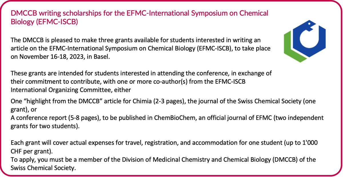SwissChemistry's tweet photo. DMCCB writing scholarships for the @EuroMedChem -International Symposium on Chemical Biology (EFMC-ISCB) on November 16-18, 2023 in Basel
More info: https://t.co/MHoQzbaeSR
#chemistry #dmccb #efmc #scholarship #grants #switzerland #medchem #biochem https://t.co/M375C1DMHn