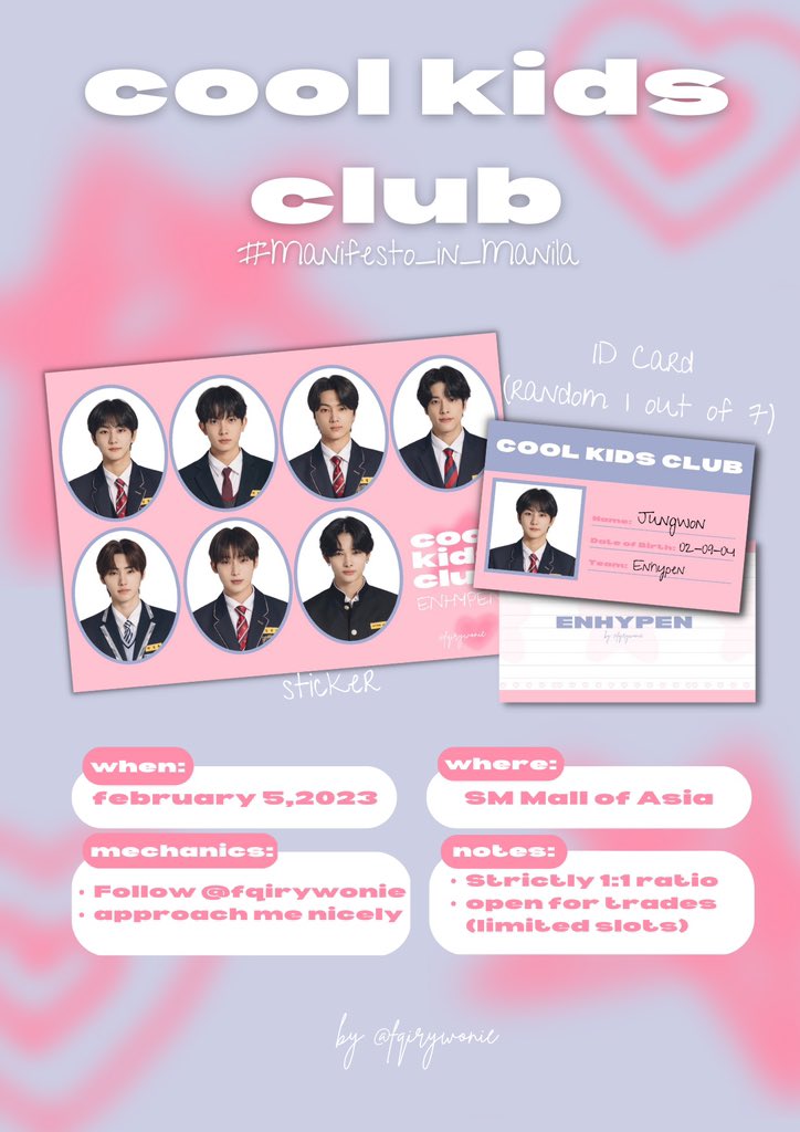 renjncart's tweet photo. ੈ·˖✶ cool kids club!

hello! i’ll be giving away freebies of 1 sticker and 1 id card member on feb 5!

fan support for enhypen by fqirywonie

📓like &amp; rt
🪩 time and location tba
🎧 open for trades (limited slots!)

check thread for notes!

#MANIFESTO_IN_MANILA https://t.co/Q9wdy9RquV