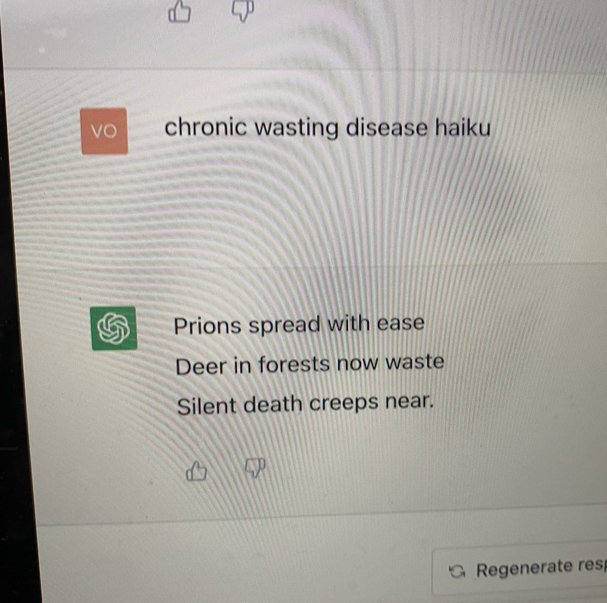 🔬🦌🤩 The upside of my grad students using #chatGPT…and having an awesome grad student who sends fun stuff like this to me: #CWD #Haiku