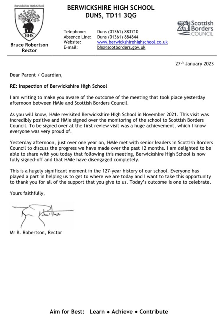 BruceNextLevel's tweet photo. One year on from the review visit by HMIe that led to the monitoring of Berwickshire High School being signed over to the local authority, the progress our school has continued to make has resulted in HMIe disengaging completely. We are tremendously proud of this result 😊 https://t.co/tnuKUHAU7K