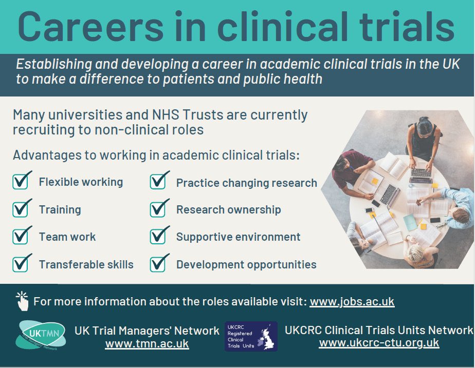 UKTMN's tweet photo. A career in academic-led #clinicaltrials is rewarding and will make a difference to patients and members of the public. 

Lots of different roles are based in Clinical Trials Units…. and lots of opportunities across the UK. 

YOU may have the skills/ experience CTUs need. RT! 🙏 https://t.co/wyabFo4ulQ