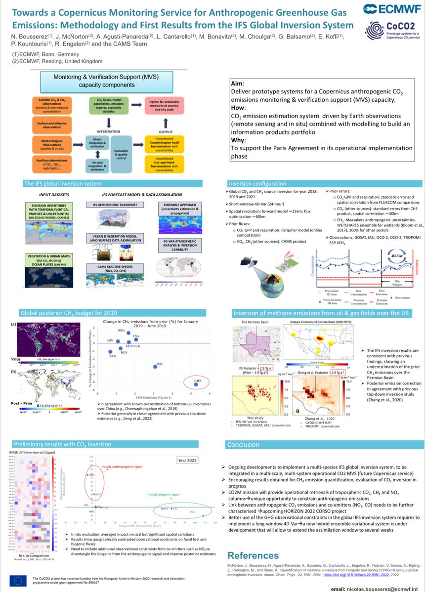 #WMOGHGSymposium Nicolas Bousserez @NBousserez @CopernicusECMWF presented the progress within the @CoCO2_project #CAMS to enhance the @ECMWF Earth System Model & #4DVar Data Assimilation capabilities for monitoring #CO2 / #CH4 fluxes & concentrations for the @CopernicusEU #CO2MVS