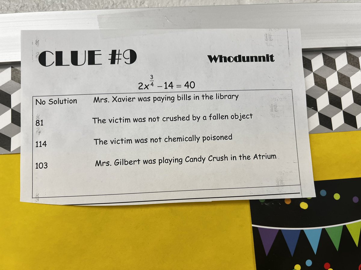 Taramauer's tweet image. “Whodunnit??” Activity in Mr. Faranello’s Algebra 2 class happening right now. Who will be the first to solve the crime? #studentengagement #OHSMath @OSchoolsPR @TeachMitch @DianeProvvido @jflax32