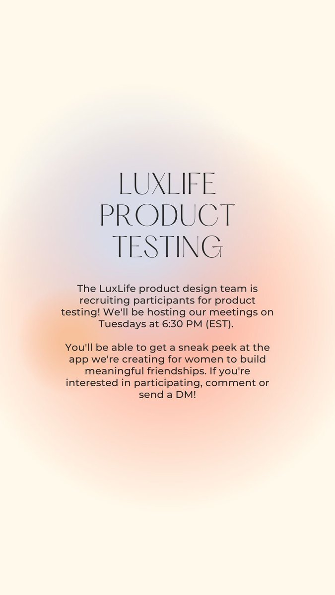 LuxLifeApp's tweet photo. 👀 interested in sneaking a peak at our product before it hits the market?

💜 we’re looking for product testers who are interested in building the foundation of LuxLife  

✨ drop a comment or dm me if you are interested! 

#tech #productdesign #producttesting #userexperience https://t.co/2JZR2Wbx0O