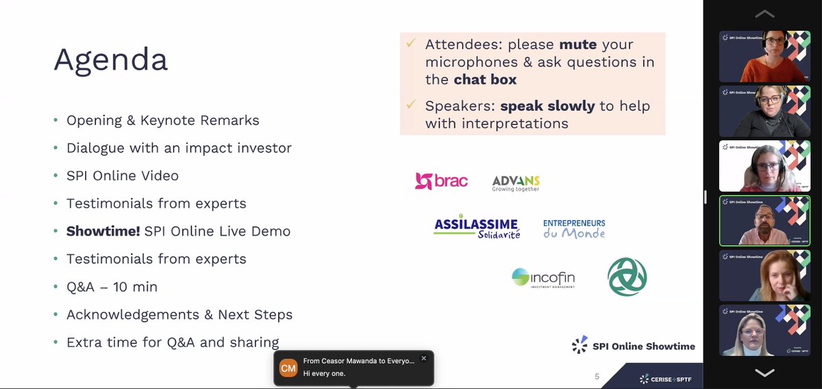 🌟Notre #webinar #Cerise + @SPTaskForce pr le lancement de la plateforme #SPI #Online vient juste de démarrer Bienvenue👉us06web.zoom.us/meeting/regist… @Incofin @Shameran @BRACworld @TriodosIM @GroupAdvans @FooseLaura @HammerSPTF @AFD_en @SwissDevCoop @BIO_Investments @cooperation_lu