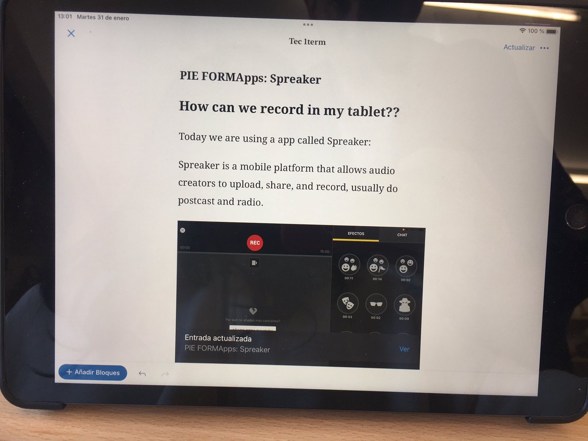 carloseducacyl's tweet photo. Primer día con la app @spreaker en las tablets del proyecto #PIEFormapps del @CFIE_CR @crfptic. Sus experiencias y trabajos en su blog público de @wordpressdotcom. Están pensando los alumnos en crear un podcast! @susanarctrancho @tecuribarri @LuzMara17928603 https://t.co/7nzJ91k1fS