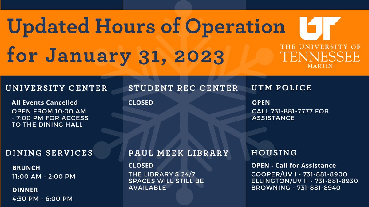 UTM Classes are cancelled today and administrative offices will be working remotely. Stay safe out there Skyhawks!