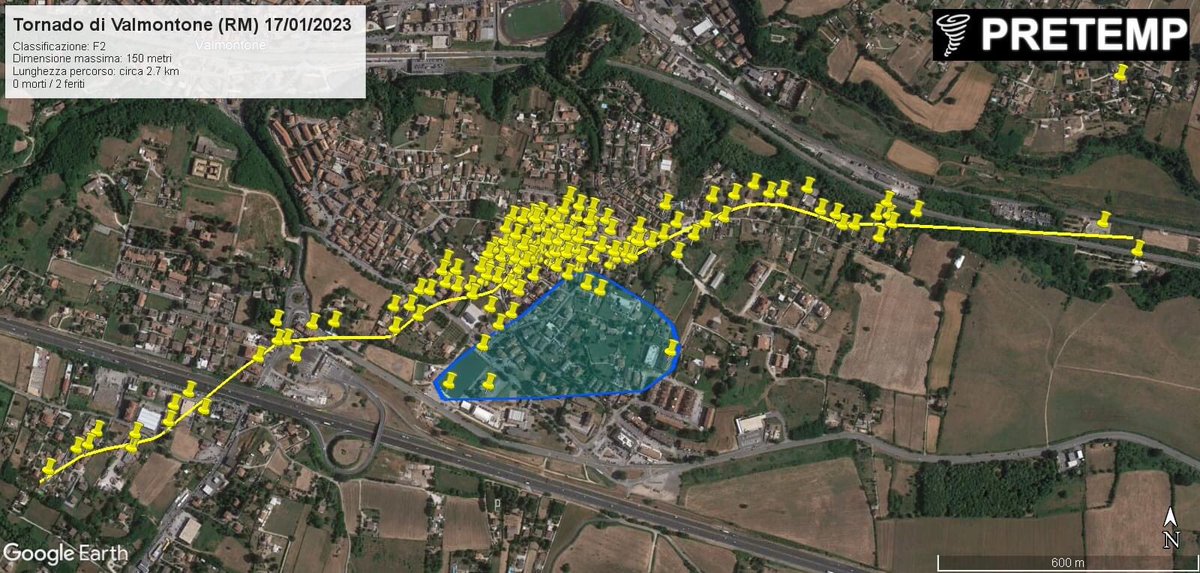 AGGIORNAMENTO: il percorso del tornado che ha colpito Valmontone (RM) lo scorso 17 gennaio è di circa 2.7 km di lunghezza. Nessun altro cambiamento pare essere necessario. Il risultato è stato ottenuto grazie ad una fruttuosa collaborazione con la Protezione Civile locale