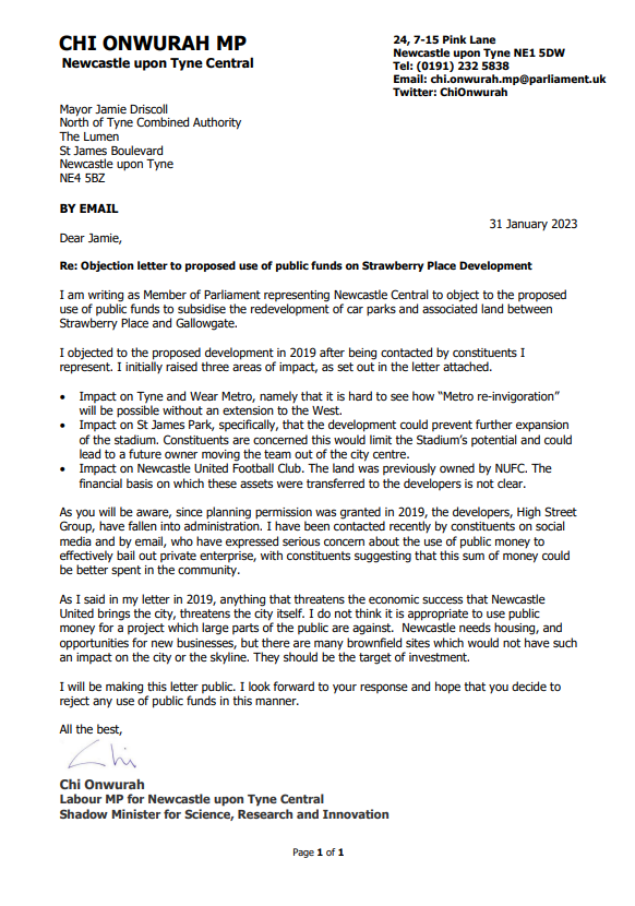 ChiOnwurah's tweet photo. Many constituents have contacted me with concerns on the proposed use of public funds for the Strawberry Place site and the impact on #NUFC.

I hope use of public funds to develop land previously earmarked for St James' Park expansion is rejected.

My letter to the Mayor 👇🏾 https://t.co/nNrrJXCM3a