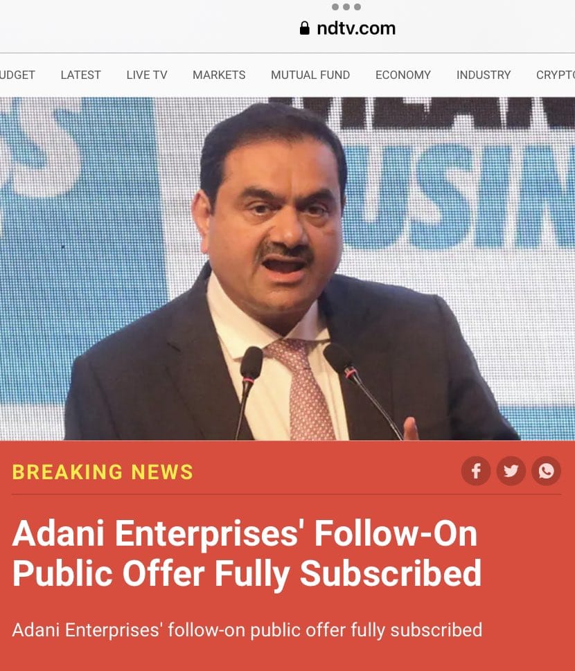 A big message given by India Inc to World as Adani FPO is Subscribed 100% even when the current Market Price is lesser than FPO Price~ 10% 
World Powers are afraid Due to India's GDP growing, we're becoming a soft global power.
#AdaniFPOFullySubscribed