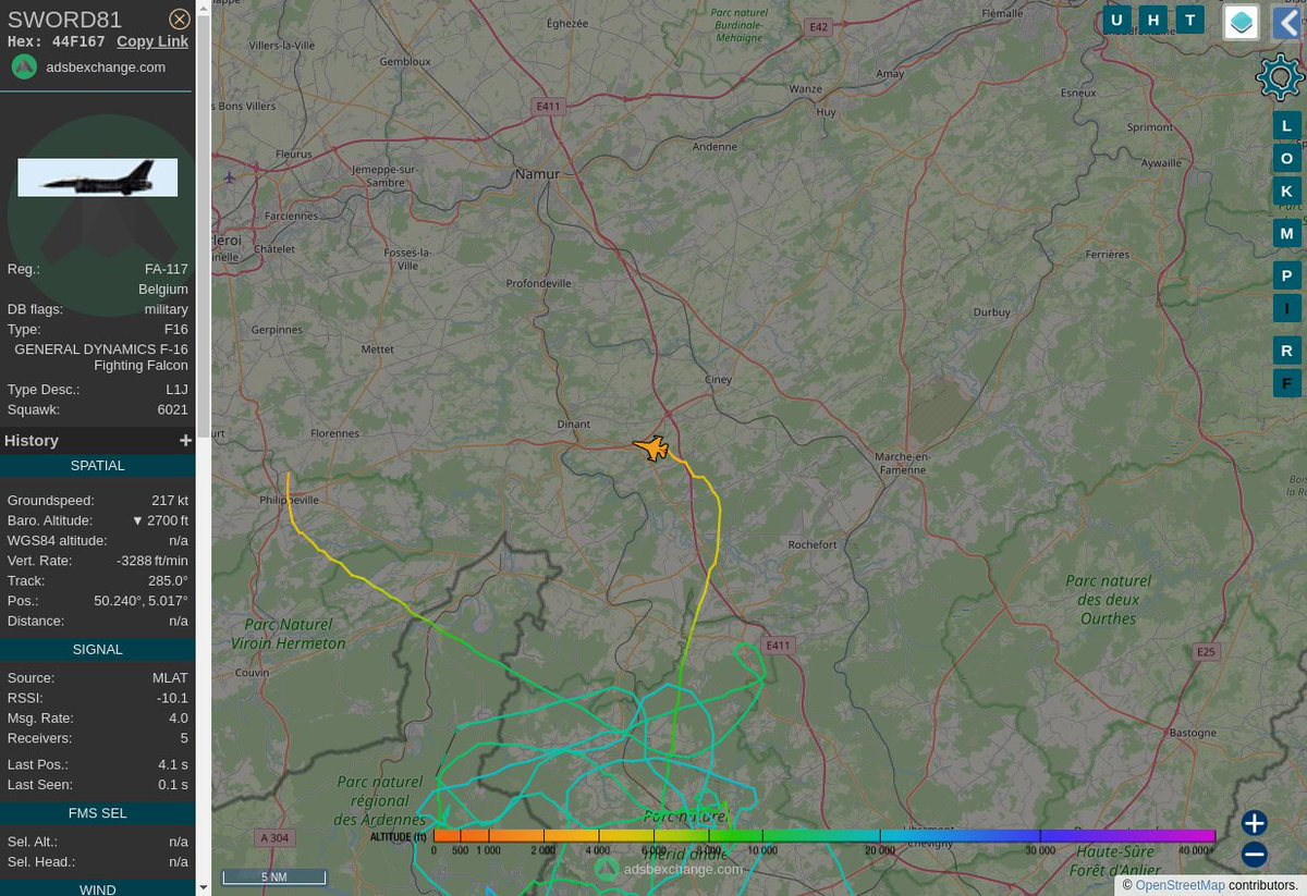 Radar_Assistant's tweet image. MULTI ADSBX VERTICAL MANOEUVRING ALERT : At time Tue Jan 31 13:41:58 2023 #SWORD81  was  manoeuvering vertically (altchange=7300ft, altdeltas=31700ft), 20nm from BFS Florennes_TACAN_BE
 near Scottons, Les Scottons, Haut-Fays, Daverdisse, Neu #AvGeek #ADSB globe.adsbexchange.com/?icao=44F167&amp;amp;z…